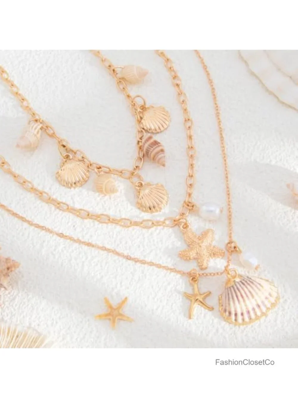 Layered Pearl Starfish Shell Necklace Gold Seastar Seashell Chain Choker Beach